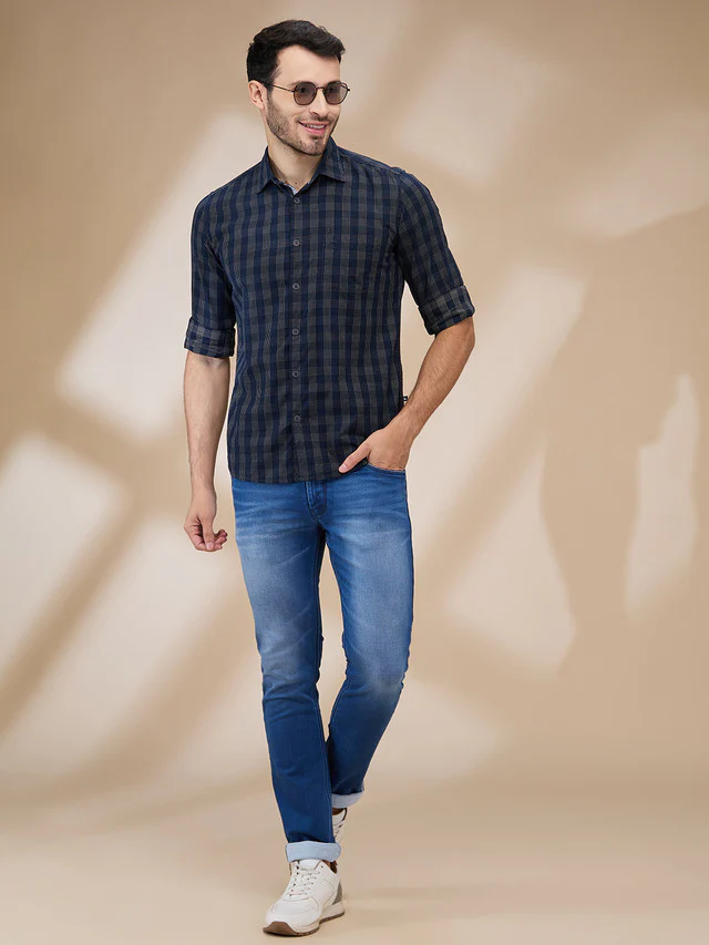 Parx Men Blue Checks Slim Fit Cotton Casual Shirt - Image 2