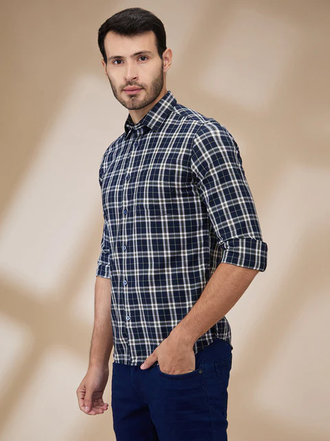 Parx Men Blue Checks Slim Fit Cotton Casual Shirts - Image 3