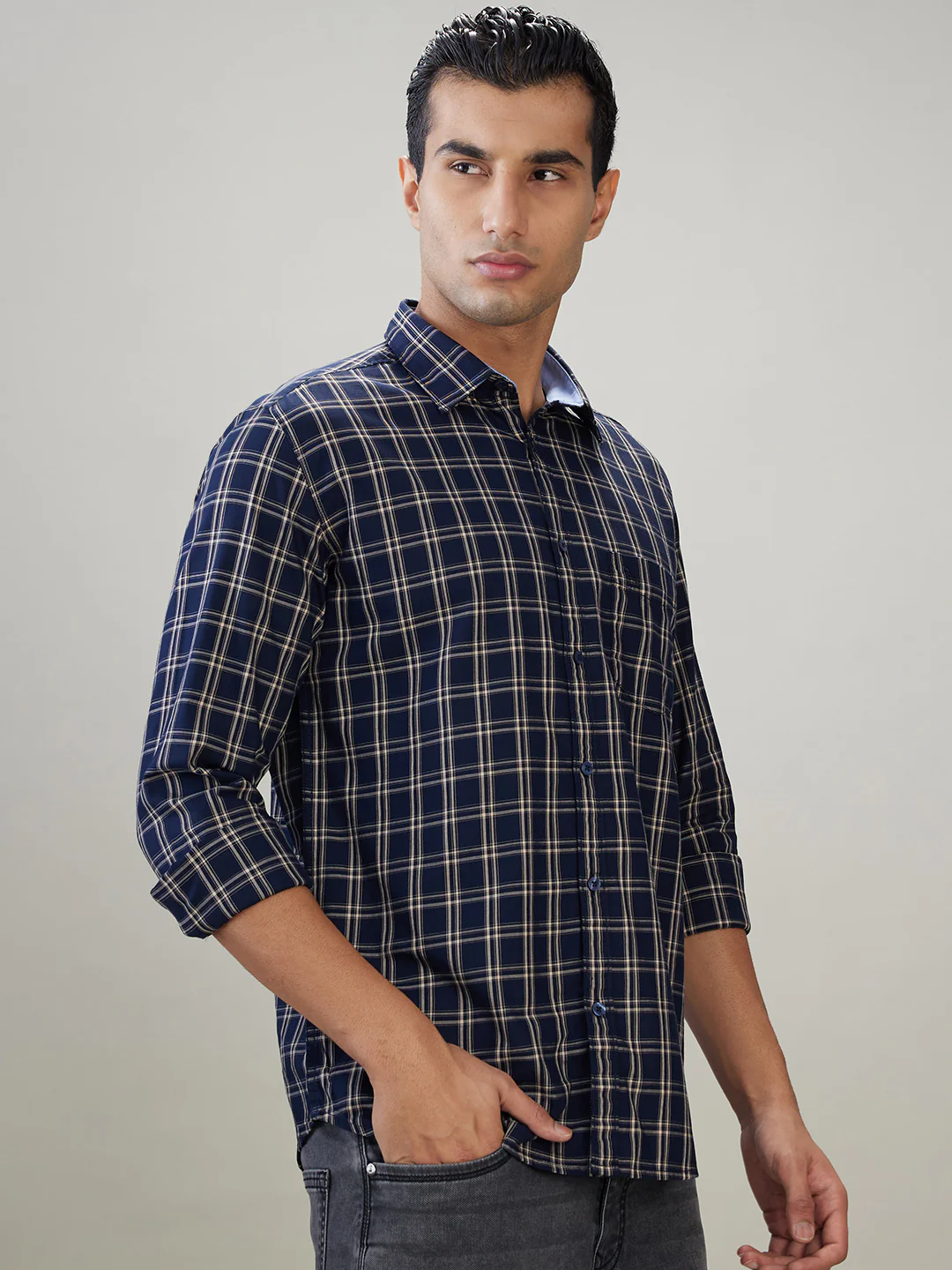 Parx Men Blue Checks Slim Fit Cotton Full Sleeve Casual Shirt - Image 2