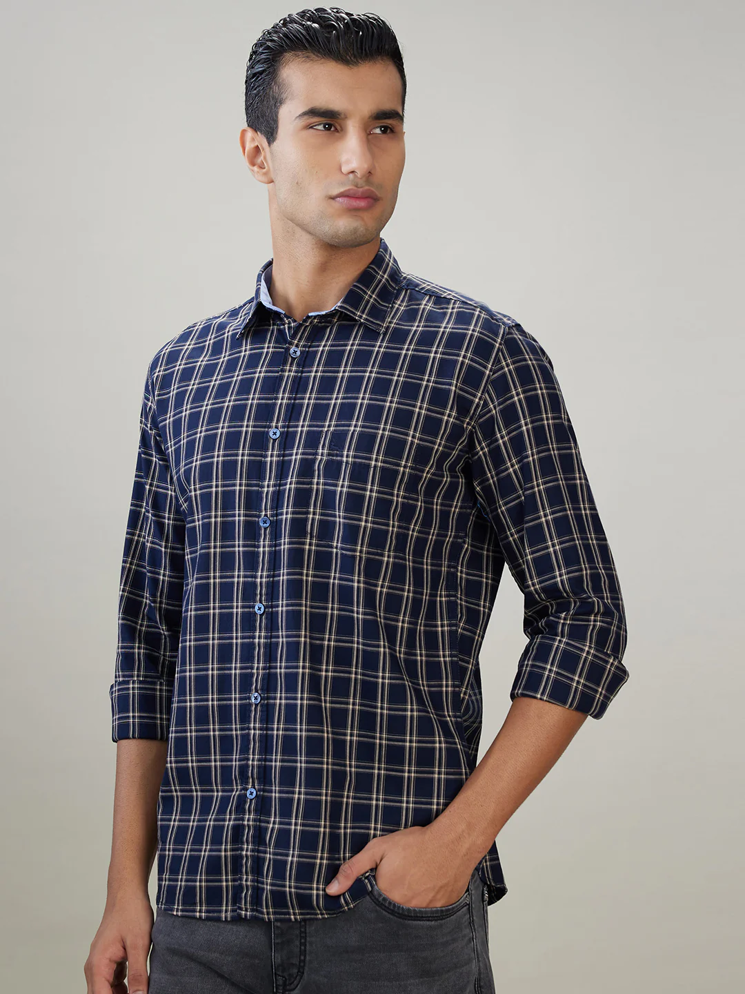 Parx Men Blue Checks Slim Fit Cotton Full Sleeve Casual Shirt - Image 3