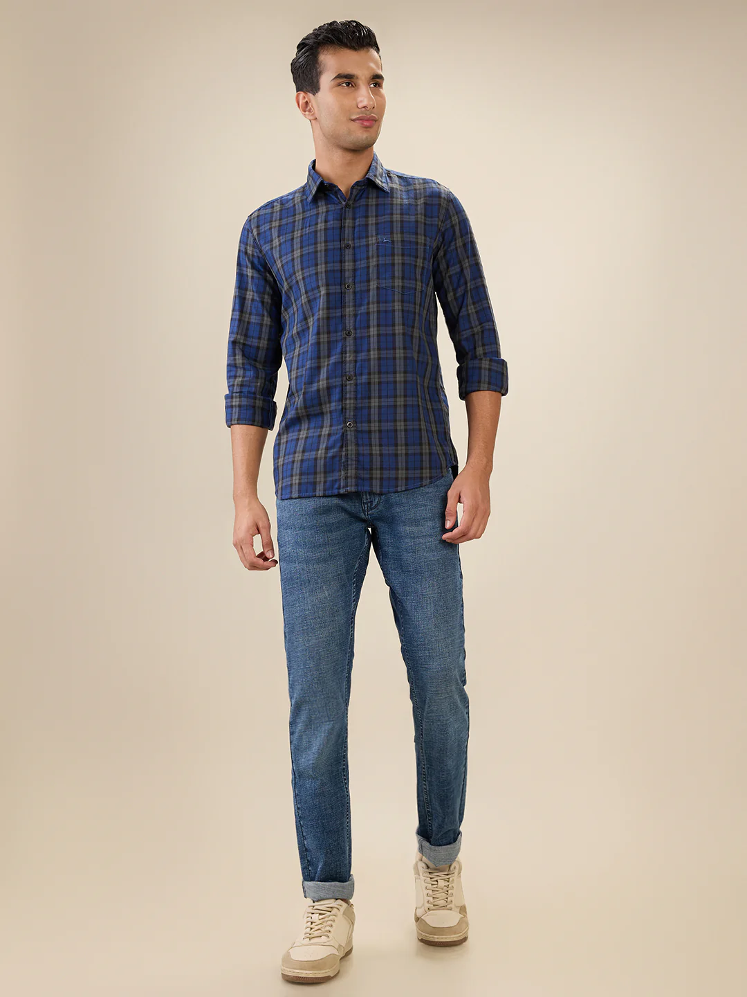 Parx Men Blue Checks Slim Fit Cotton Full Sleeve Cut Away Collar Casual Shirt - Image 5