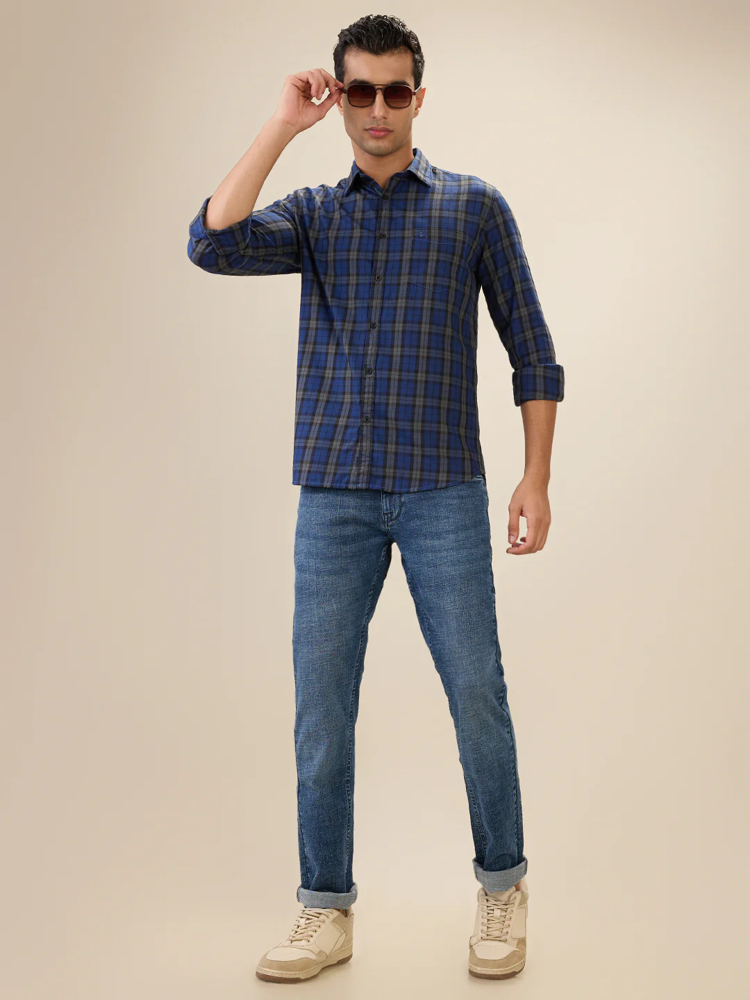 Parx Men Blue Checks Slim Fit Cotton Full Sleeve Cut Away Collar Casual Shirt - Image 6
