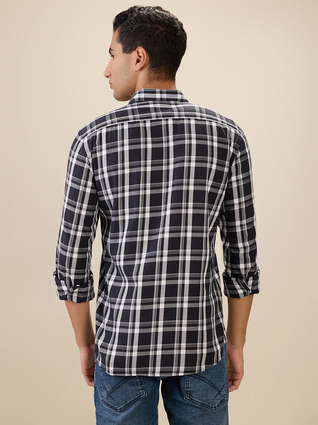 Parx Men Blue Checks Slim Fit Cotton Full Sleeve Cut Away Collar Casual Shirt - Image 4