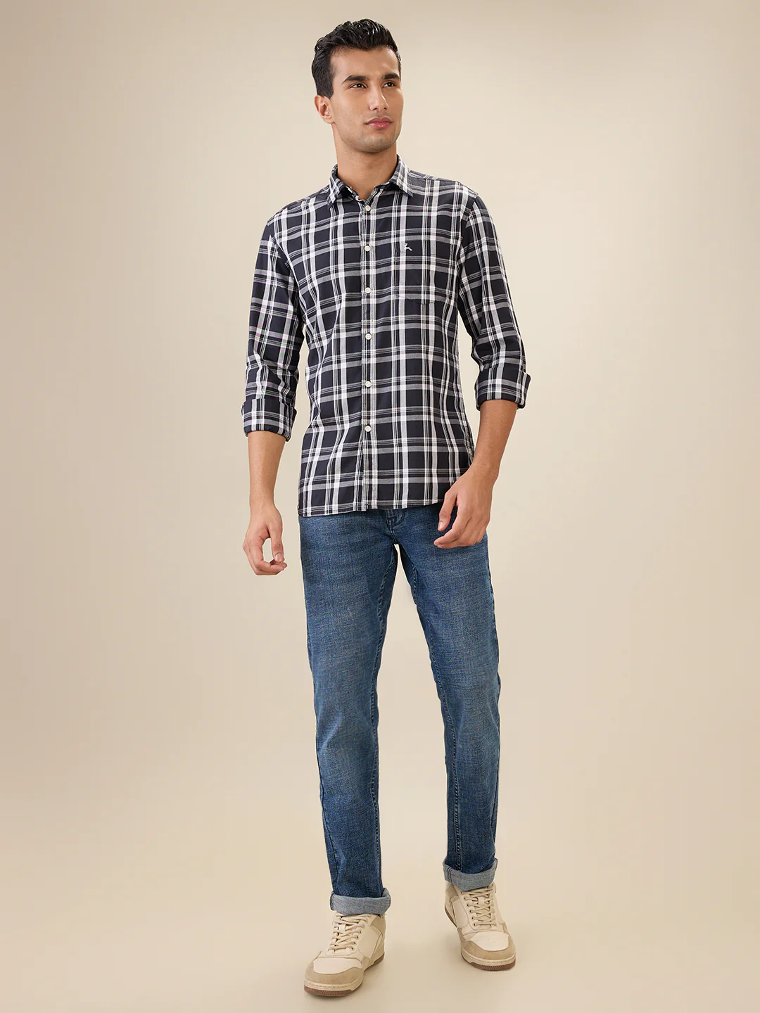 Parx Men Blue Checks Slim Fit Cotton Full Sleeve Cut Away Collar Casual Shirt - Image 5