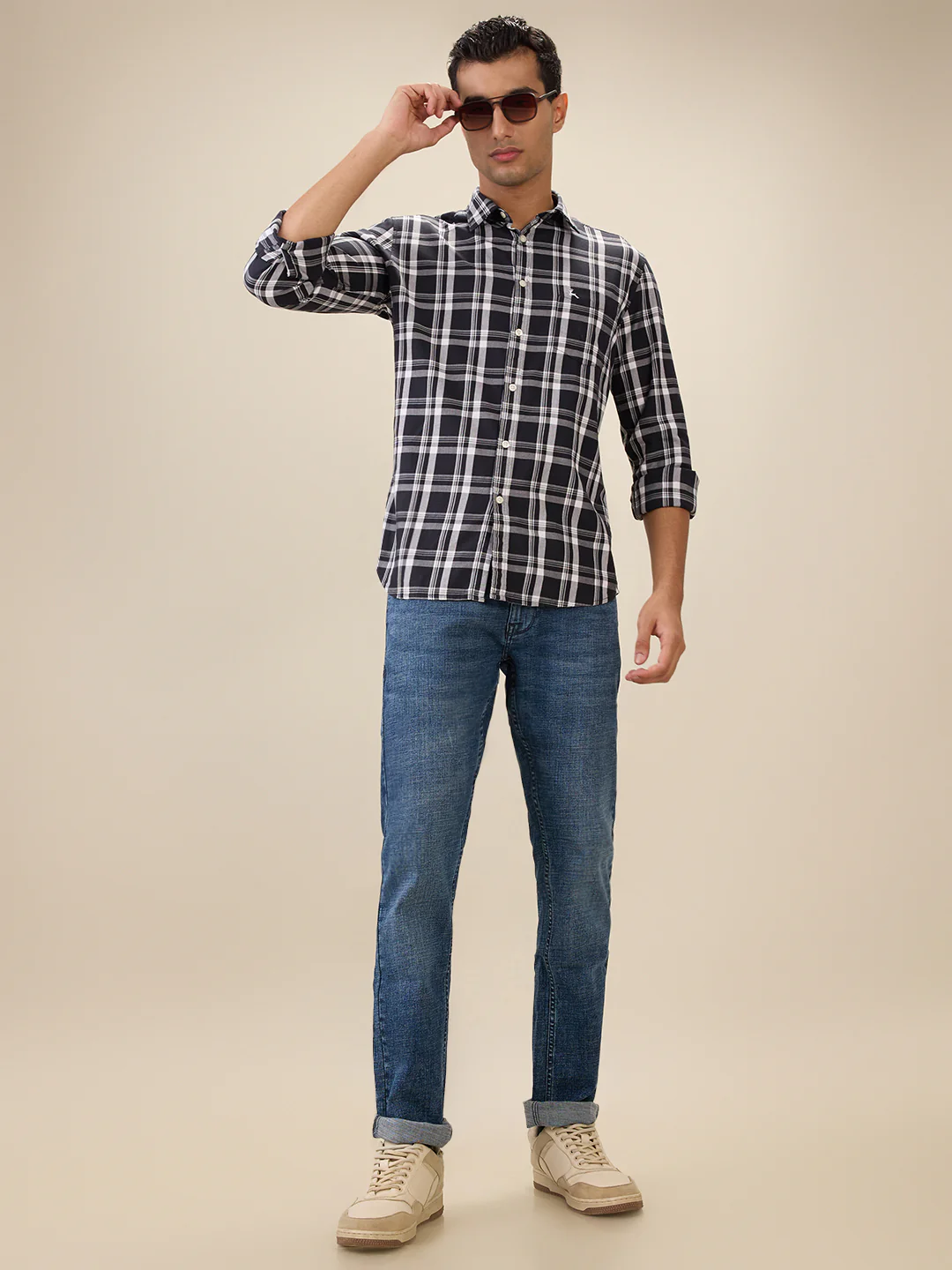 Parx Men Blue Checks Slim Fit Cotton Full Sleeve Cut Away Collar Casual Shirt - Image 6
