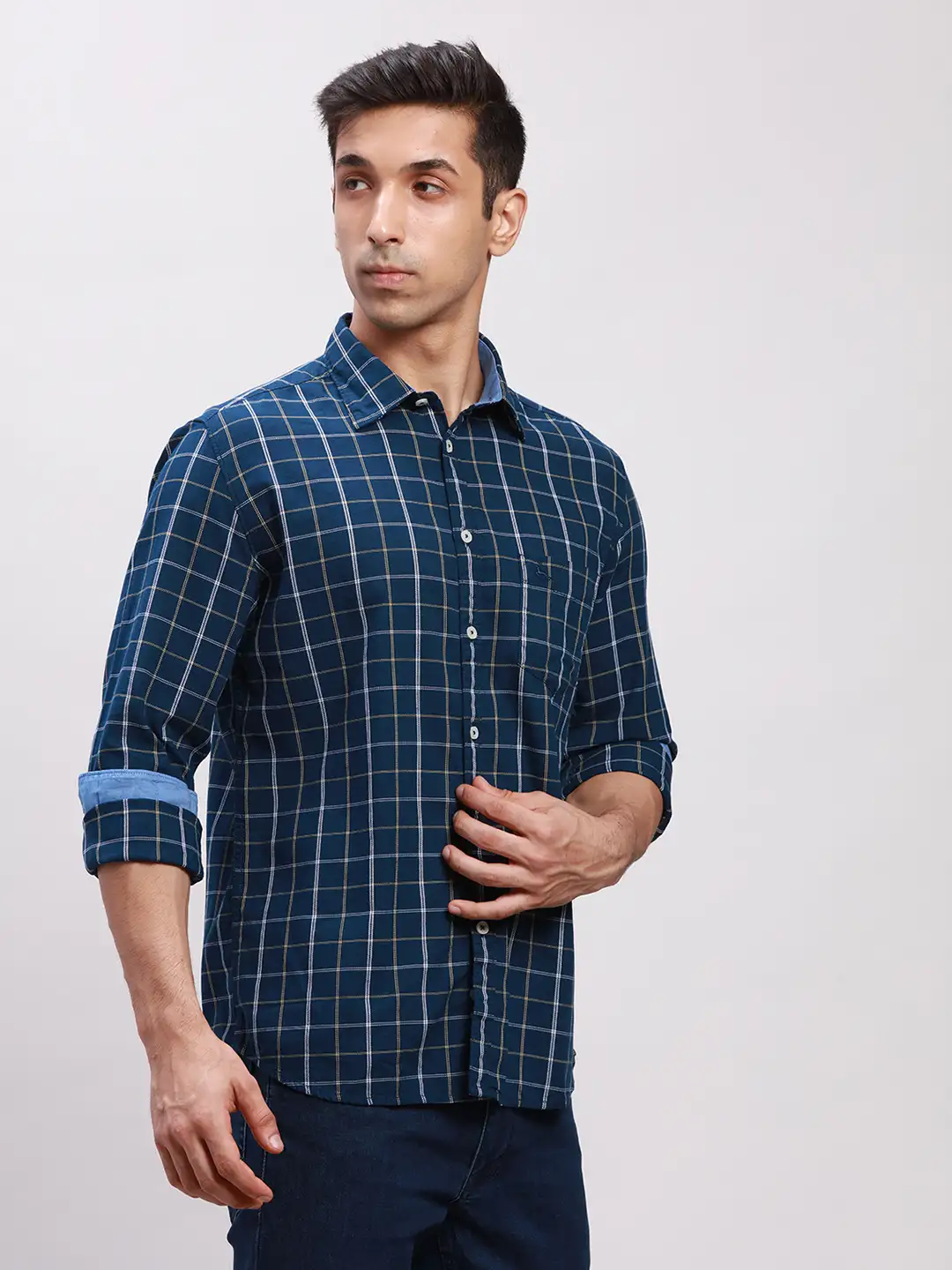 Parx Men Blue Checks Slim Fit Cotton Full Sleeve Cut Away Collar Shirt - Image 2