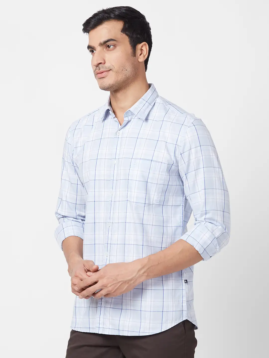 Parx Men Blue Checks Slim Fit Cotton Full Sleeve Cutaway Collar Shirt - Image 3