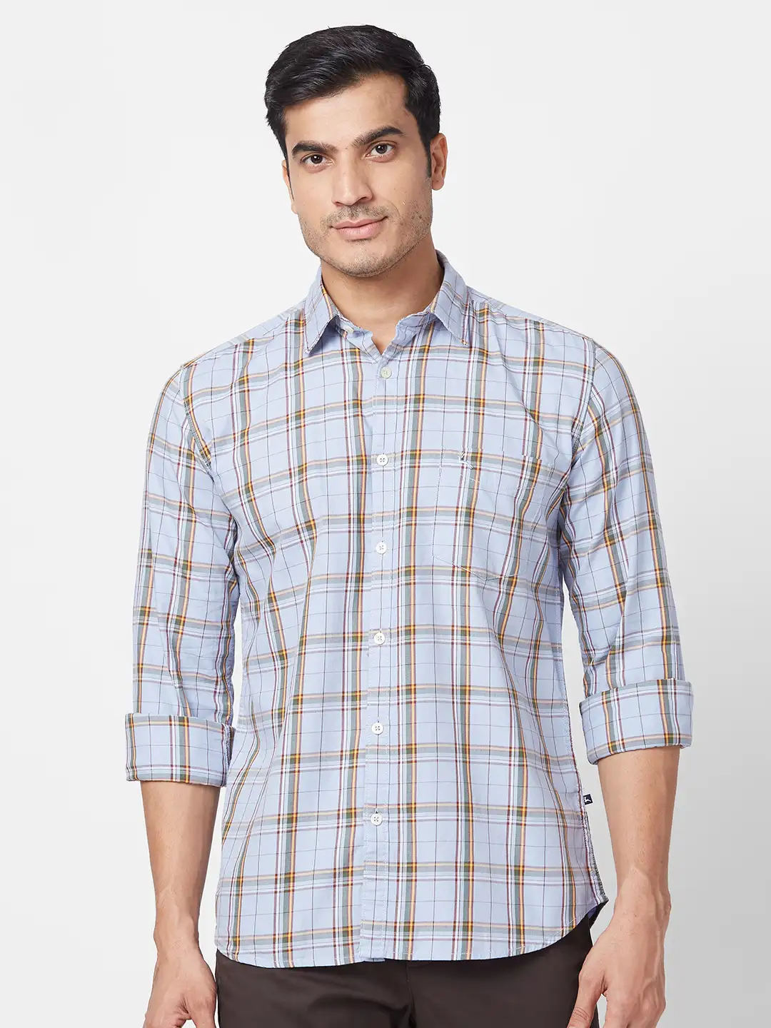 Parx Men Blue Checks Slim Fit Cotton Full Sleeve Cutaway Collar Shirt