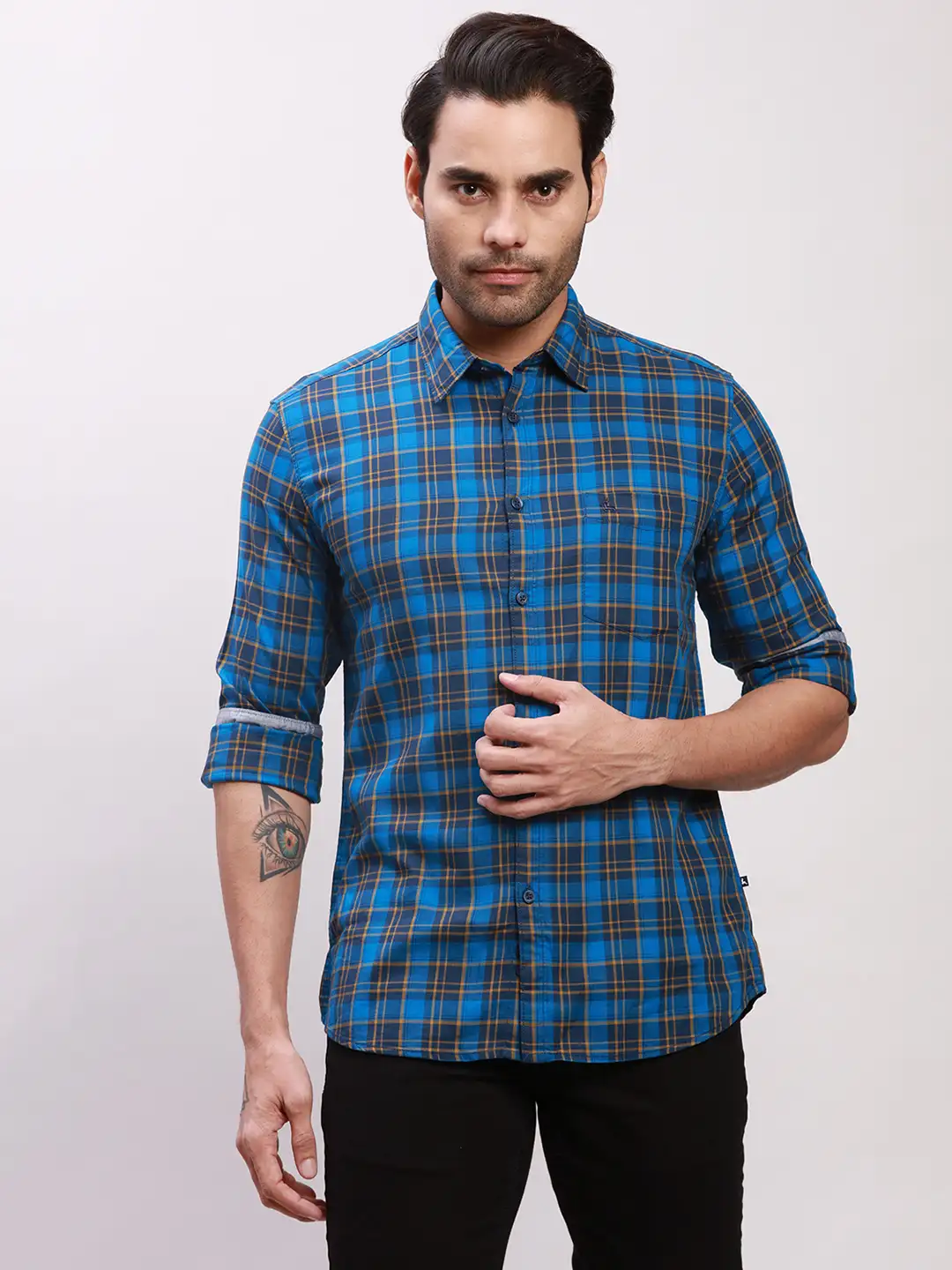 Parx Men Blue Checks Slim Fit Cotton Full Sleeve Shirts