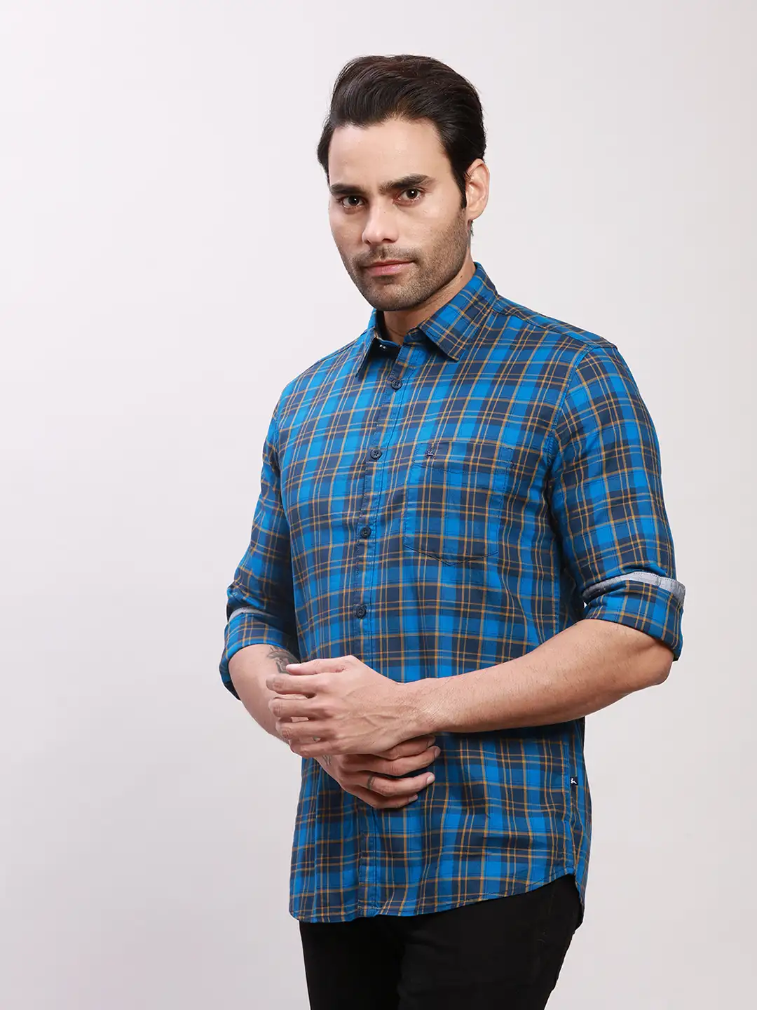 Parx Men Blue Checks Slim Fit Cotton Full Sleeve Shirts - Image 3