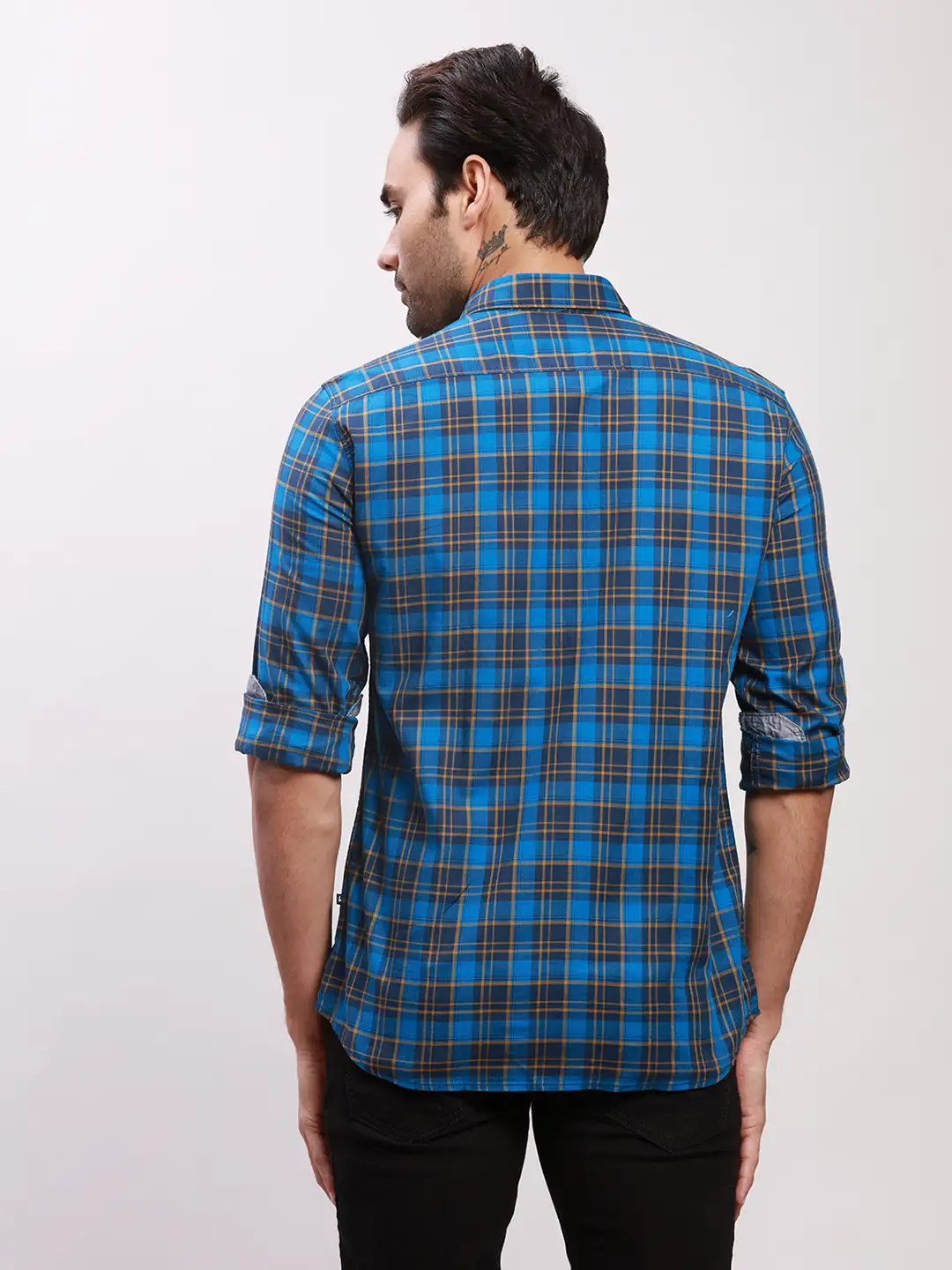 Parx Men Blue Checks Slim Fit Cotton Full Sleeve Shirts - Image 4