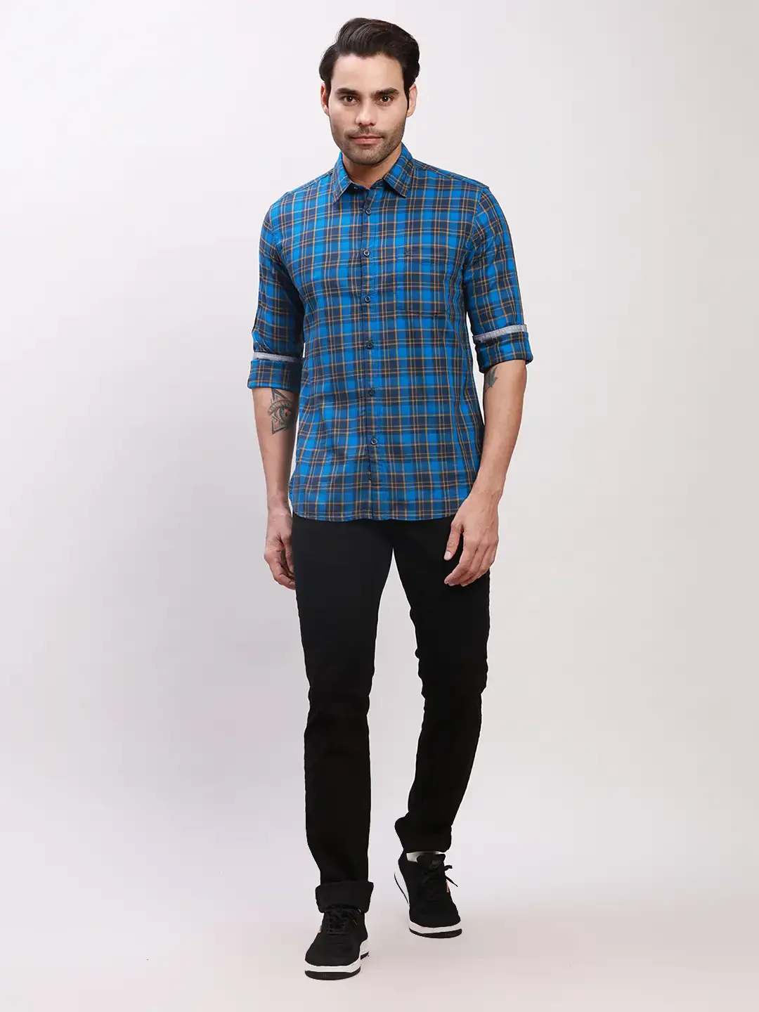 Parx Men Blue Checks Slim Fit Cotton Full Sleeve Shirts - Image 5