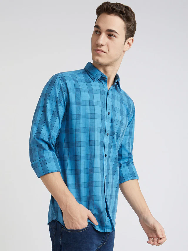 Parx Men Blue Checks Slim Fit Cotton Full Sleeve Shirts - Image 2