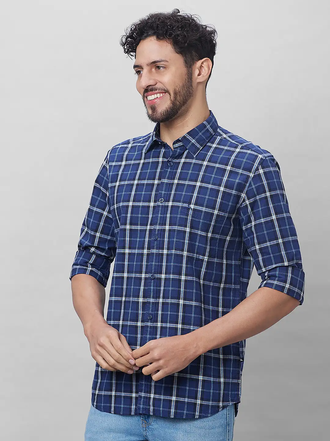 Parx Men Blue Checks Slim Fit Cotton Full Sleeve Shirts - Image 3