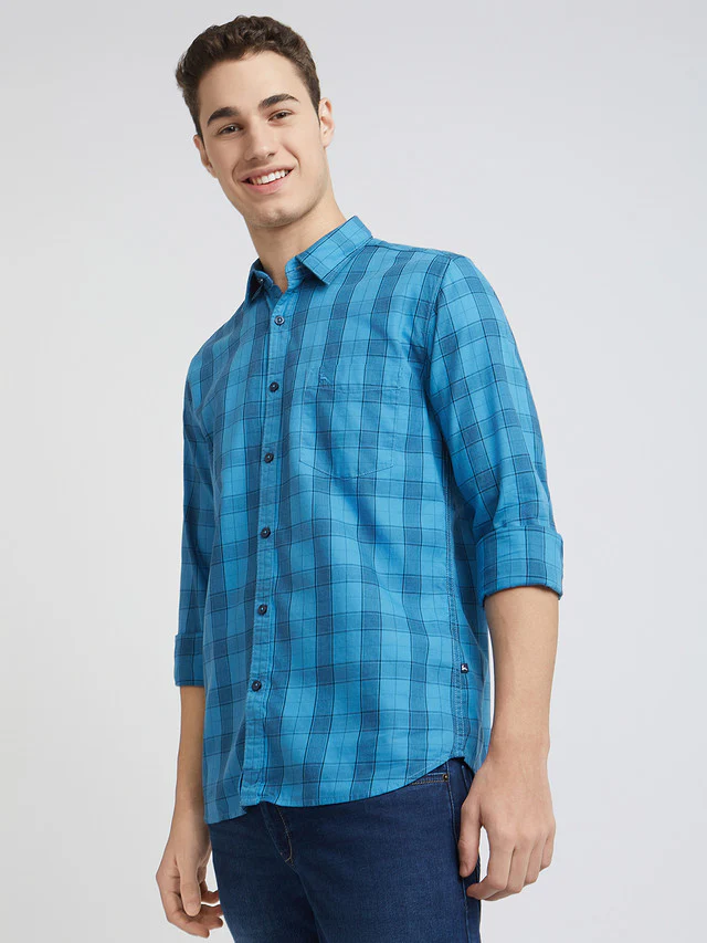 Parx Men Blue Checks Slim Fit Cotton Full Sleeve Shirts - Image 3