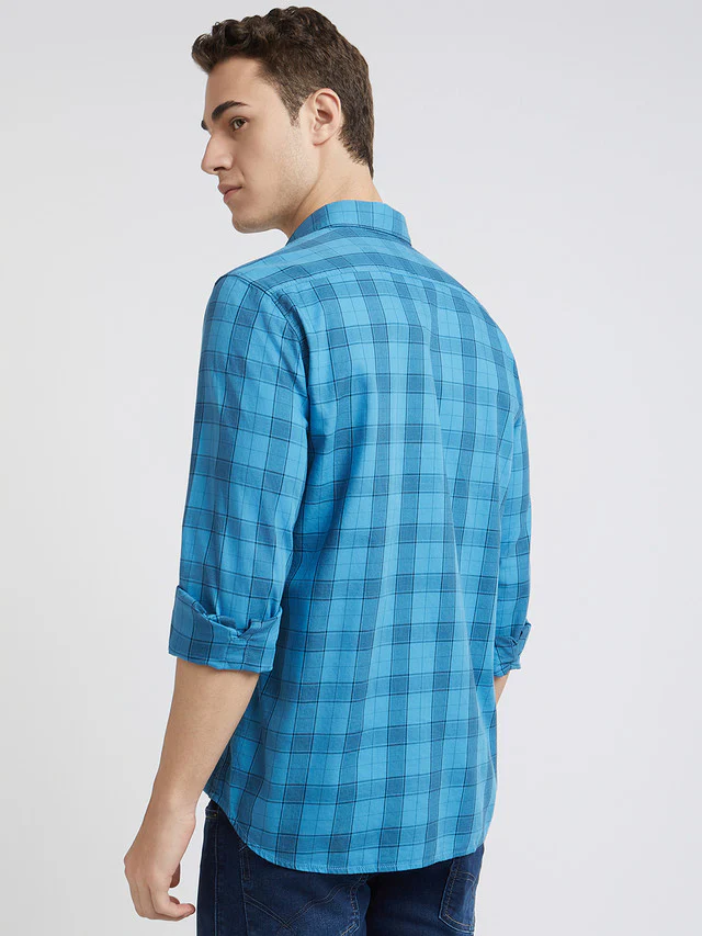 Parx Men Blue Checks Slim Fit Cotton Full Sleeve Shirts - Image 4