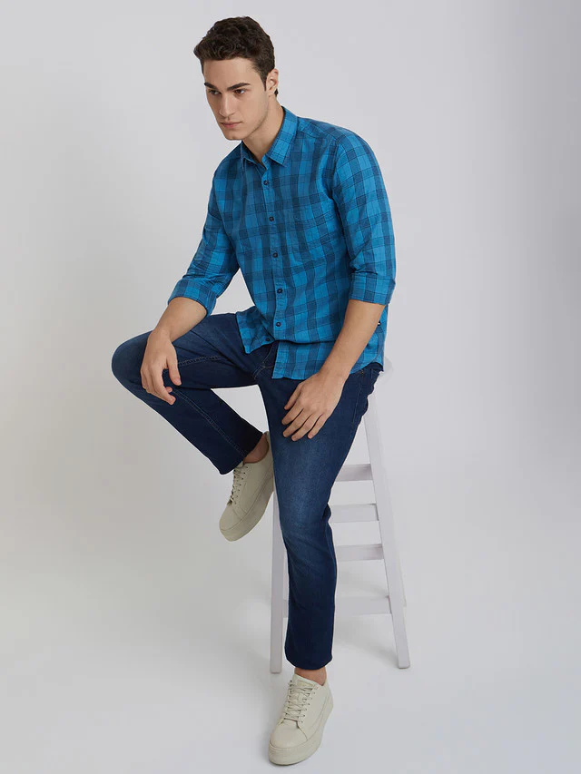 Parx Men Blue Checks Slim Fit Cotton Full Sleeve Shirts - Image 5