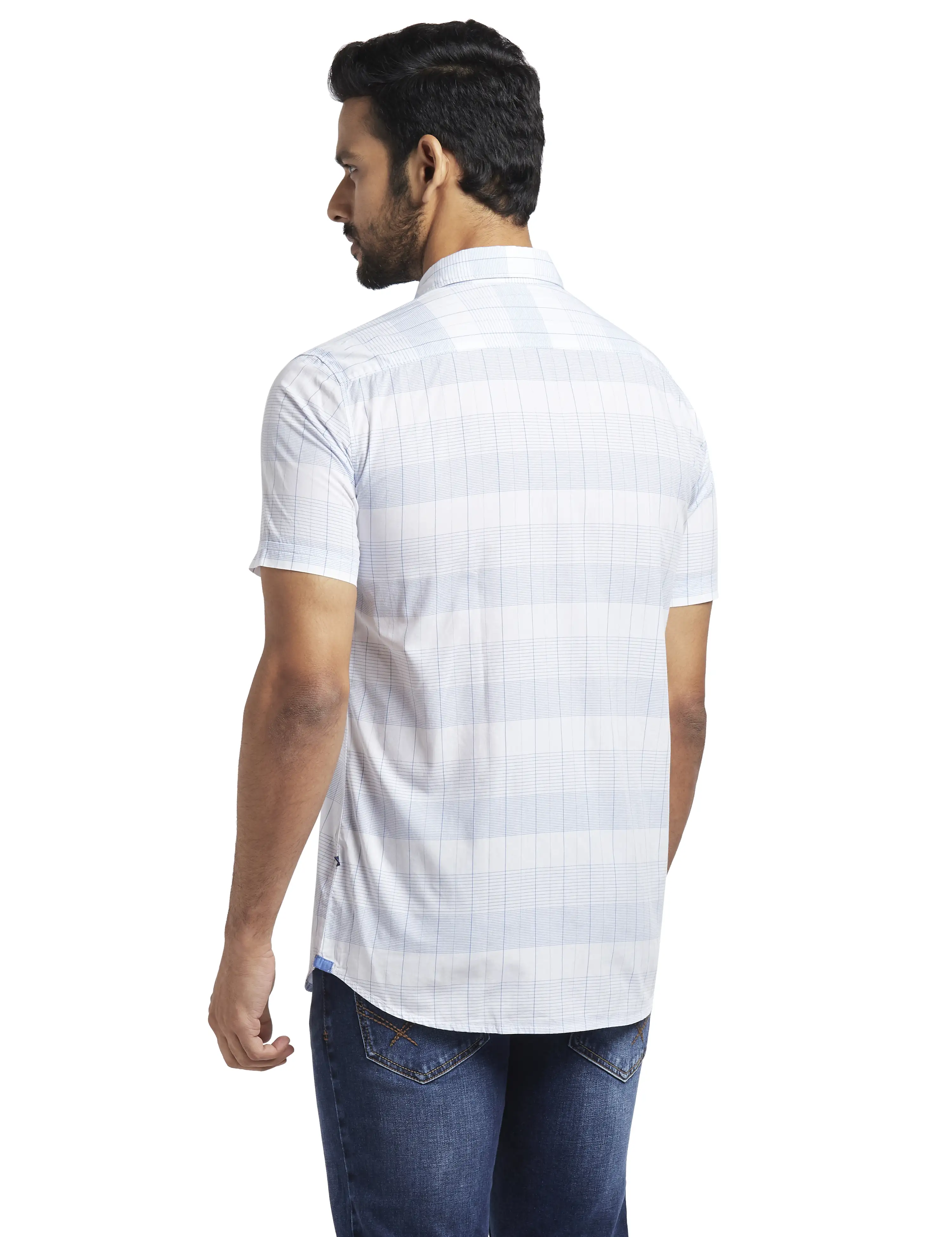 Parx Men Blue Checks Slim Fit Cotton Half Sleeve Cut Away Collar Shirt - Image 4