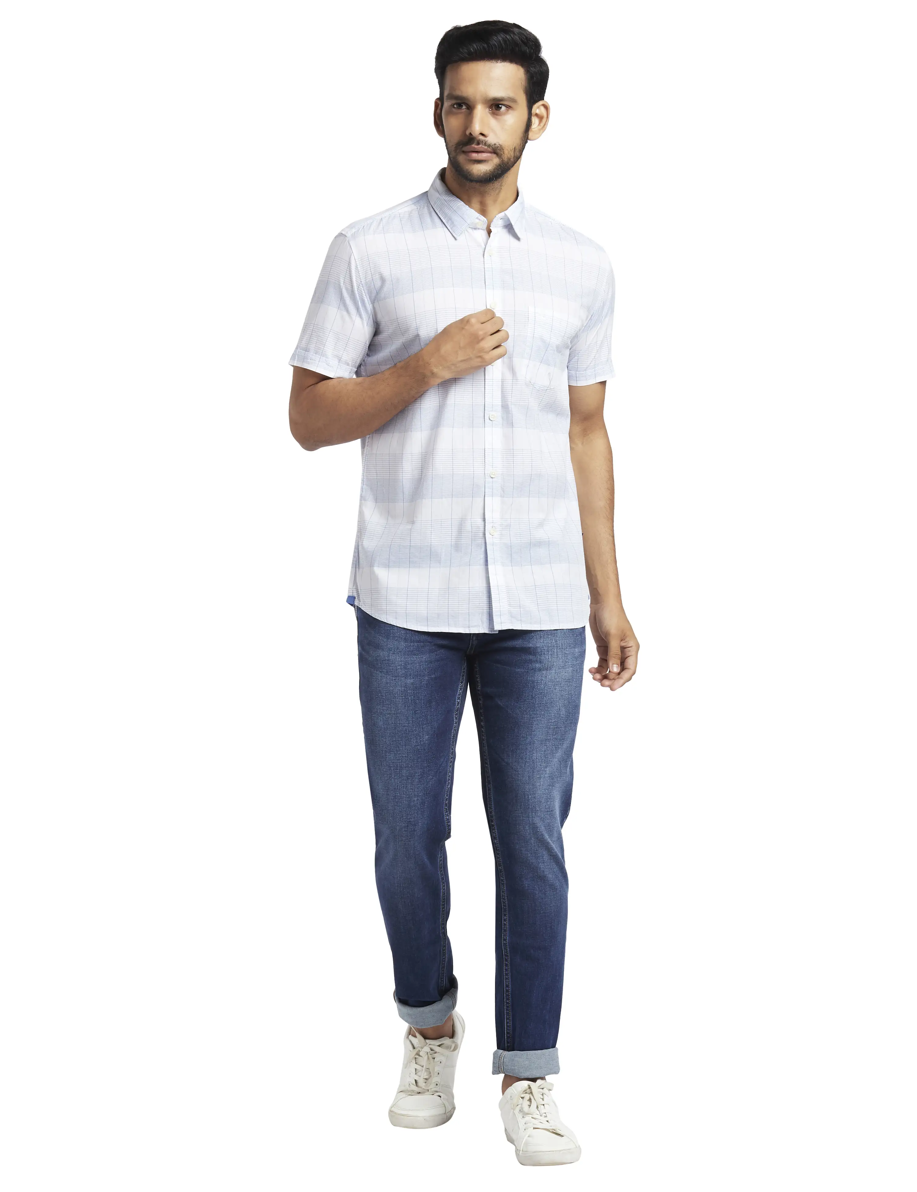 Parx Men Blue Checks Slim Fit Cotton Half Sleeve Cut Away Collar Shirt - Image 5