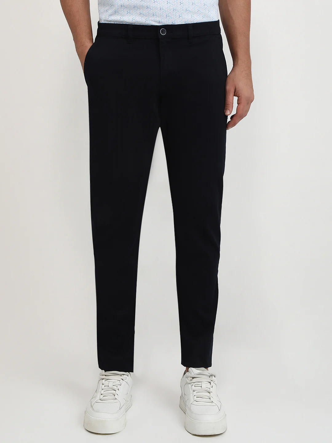 Parx Men Blue Dobby Low Rise Tapered Fit Cotton Blend Trouser