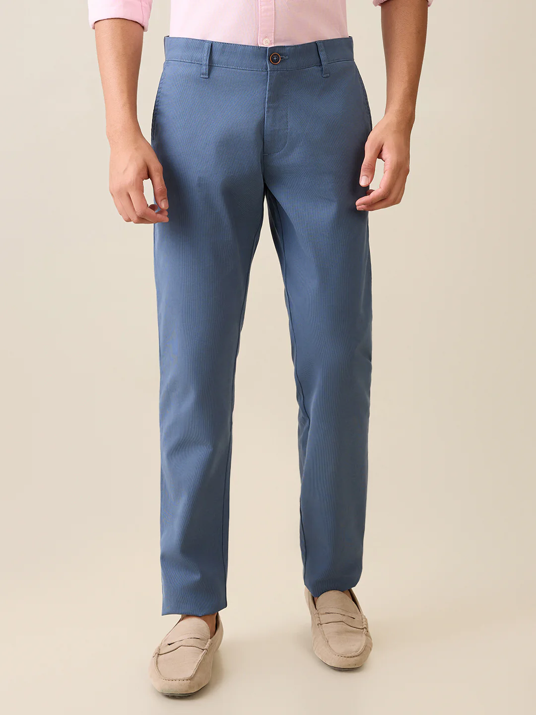 Parx Men Blue Dobby Low Rise Tapered Fit Cotton Blend Trouser