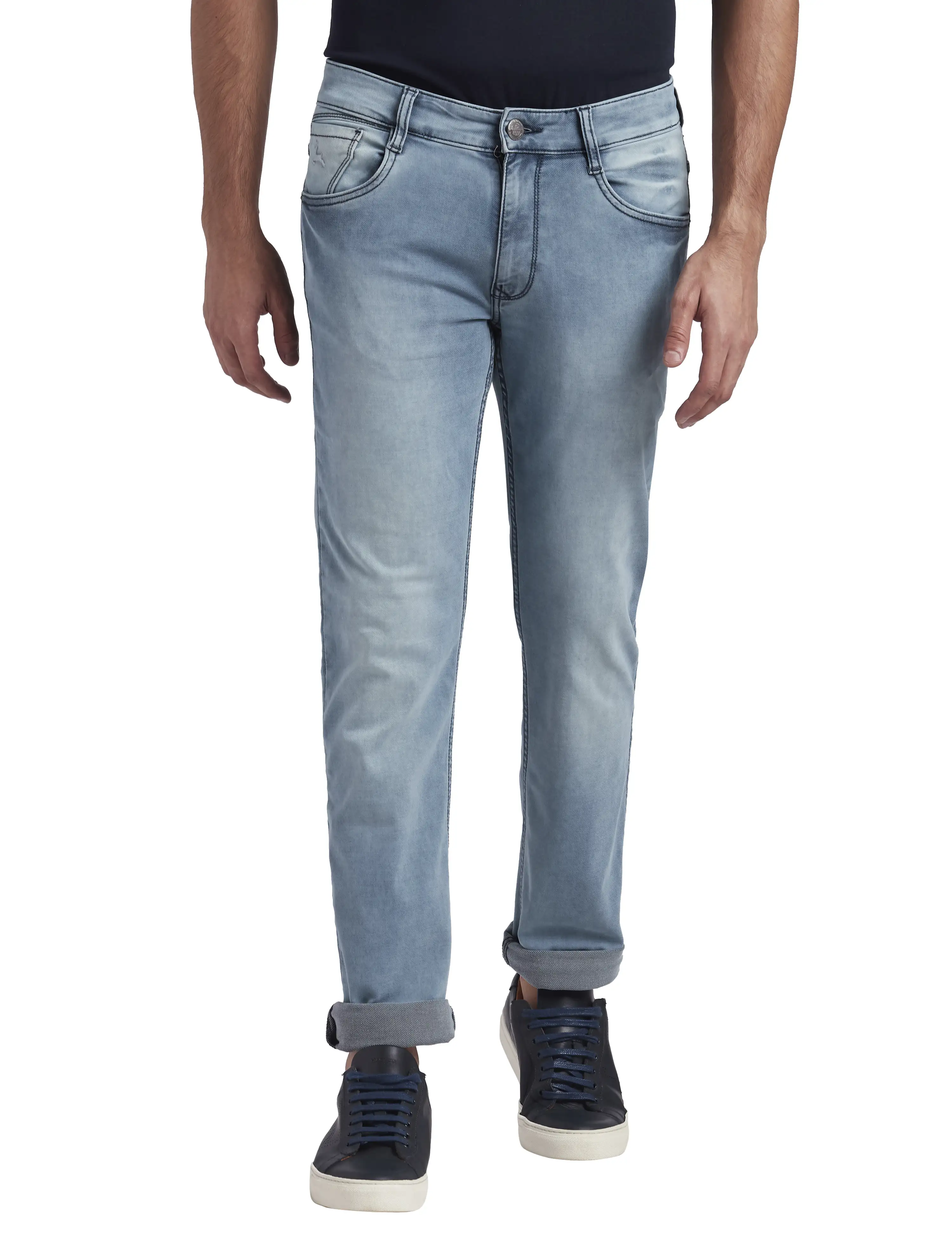 Parx Men Blue Dobby Slim Tapered Fit Cotton Blend Jeans