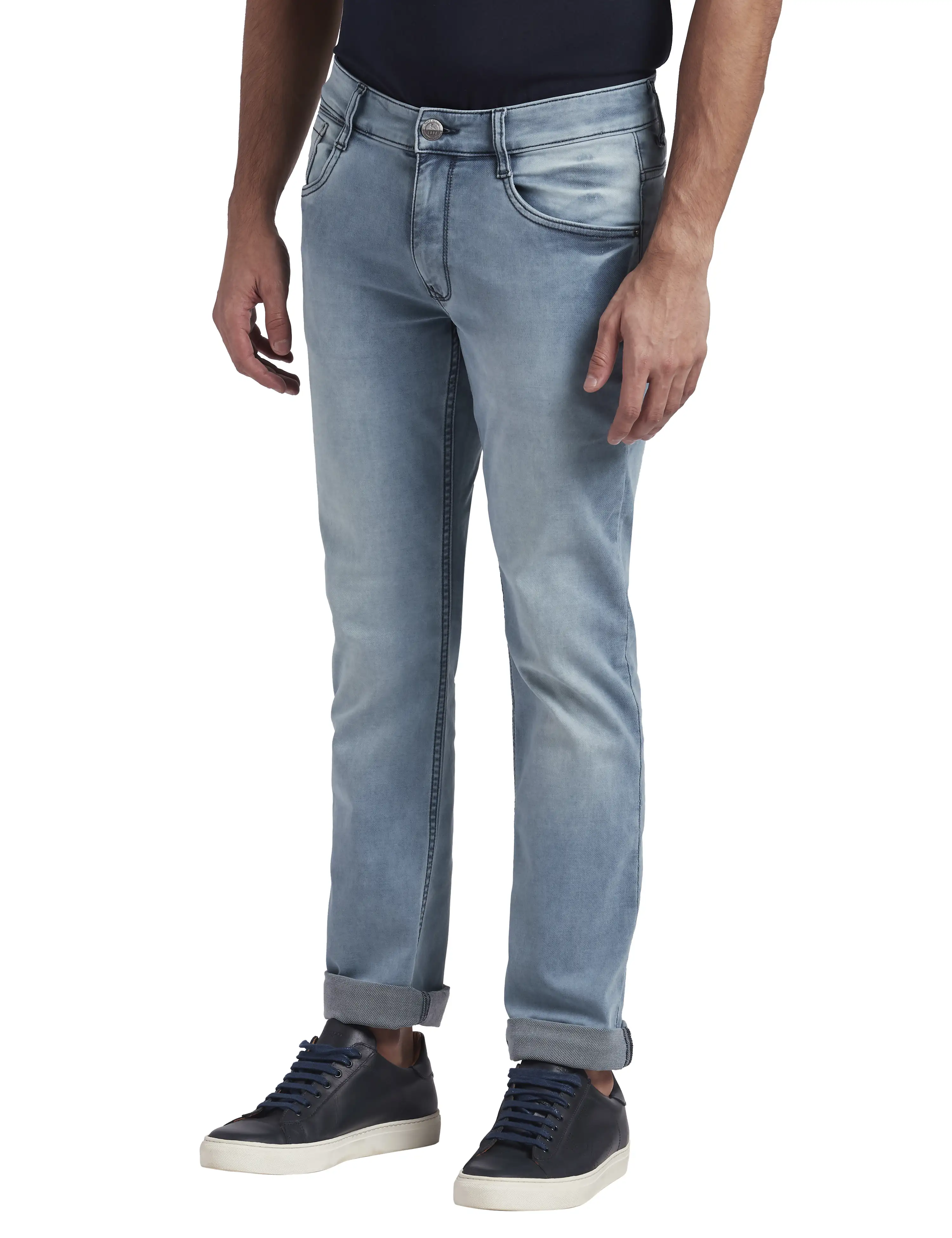 Parx Men Blue Dobby Slim Tapered Fit Cotton Blend Jeans - Image 3