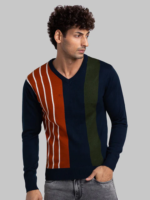 Parx Men Blue Intarsia Acrylic Sweater