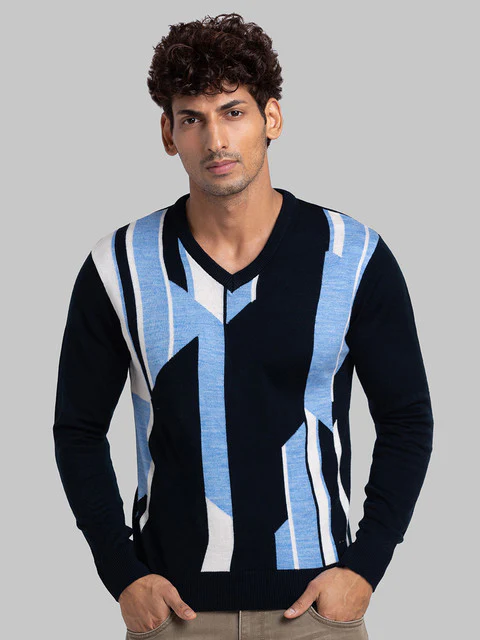 Parx Men Blue Intarsia Acrylic Sweater