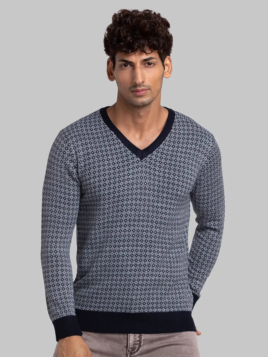Parx Men Blue Jacquard Acrylic Full Sleeve V Neck Sweaters