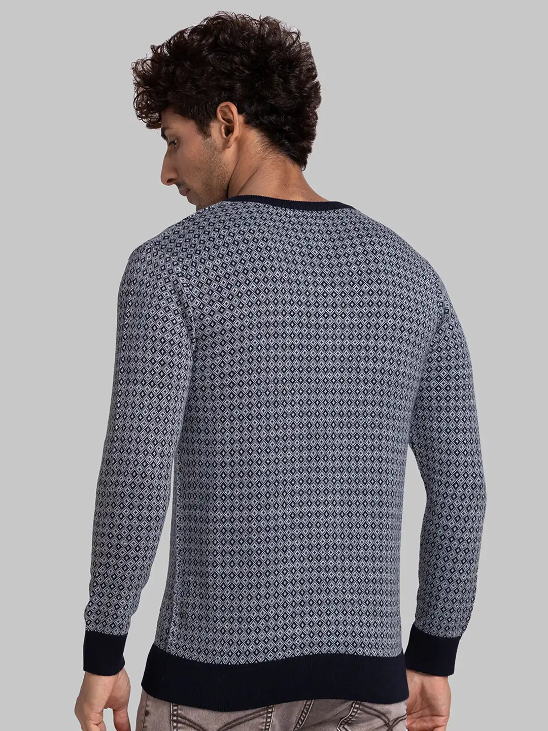 Parx Men Blue Jacquard Acrylic Full Sleeve V Neck Sweaters - Image 4