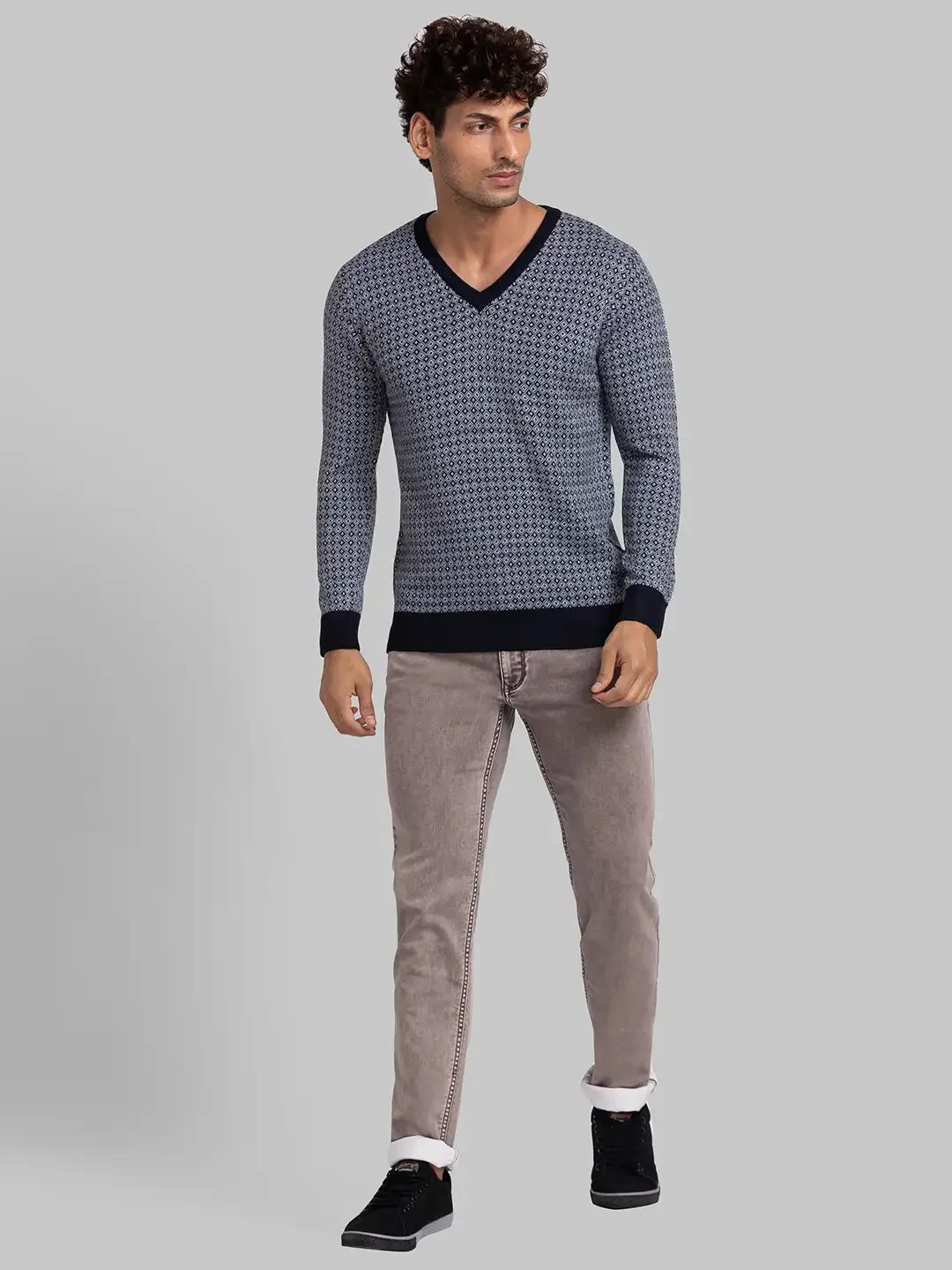Parx Men Blue Jacquard Acrylic Full Sleeve V Neck Sweaters - Image 5