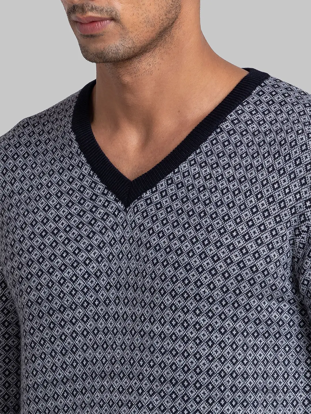 Parx Men Blue Jacquard Acrylic Full Sleeve V Neck Sweaters - Image 6
