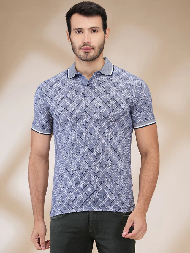 Parx Men Blue Jacquard Regular Fit Cotton T-Shirt