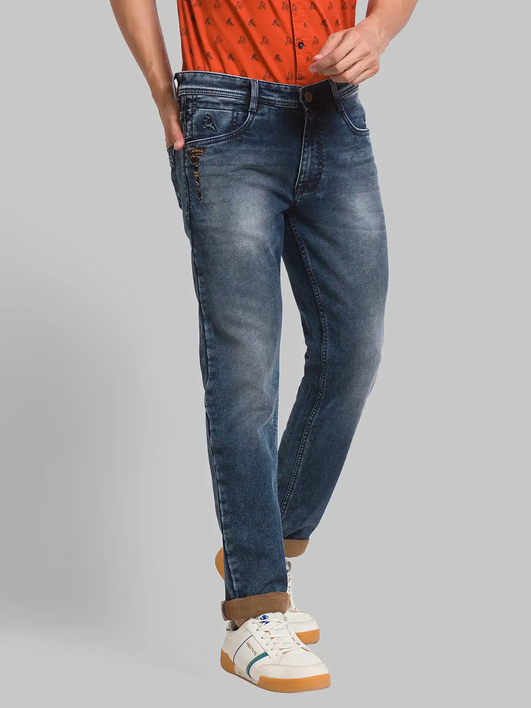 Parx Men Blue Jacquard Slim Tapered Fit Cotton Blend Jeans - Image 2