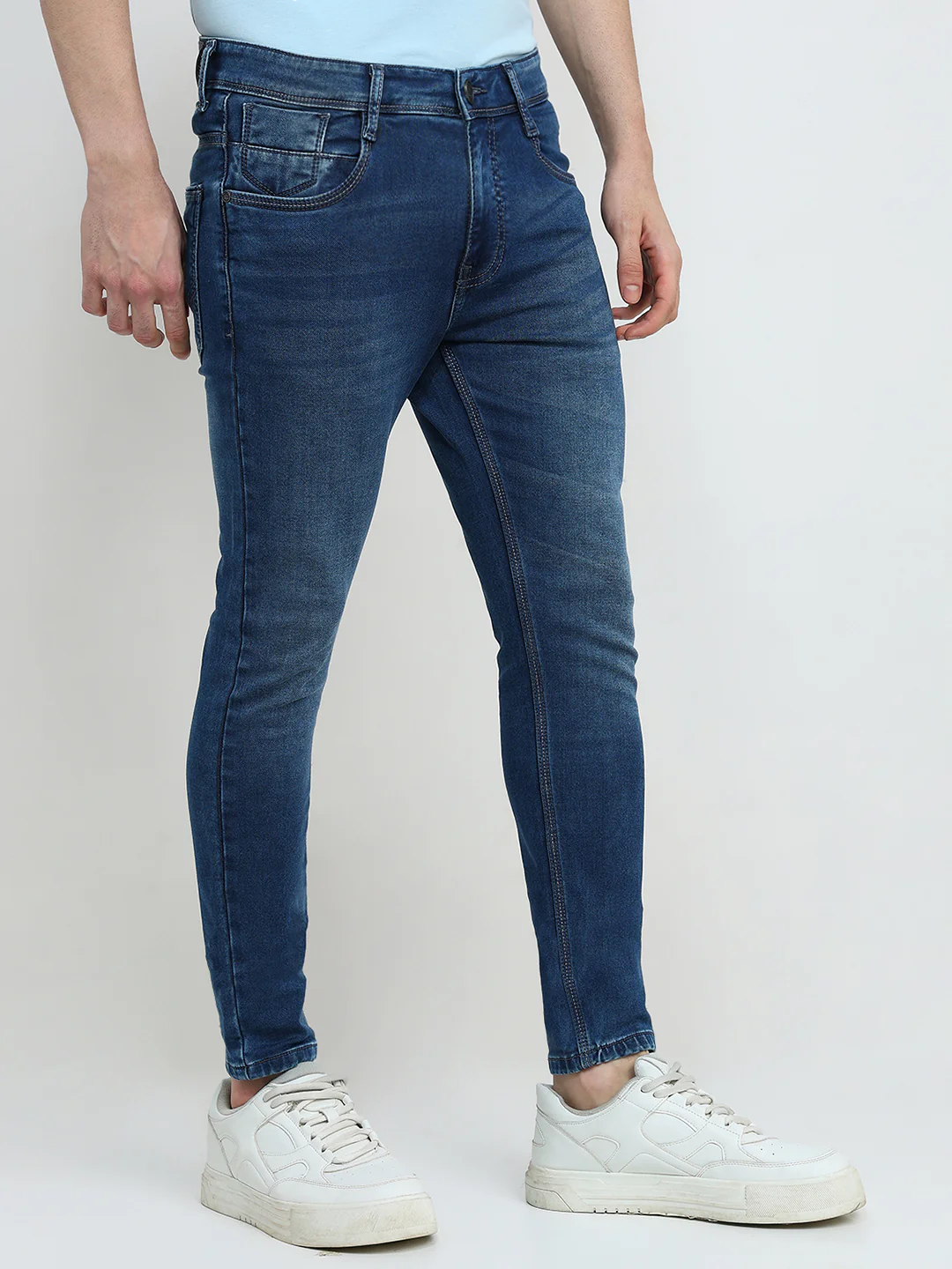 Parx Men Blue Knitted Low Rise Skinny Cropped Cotton Blend Jeans - Image 3