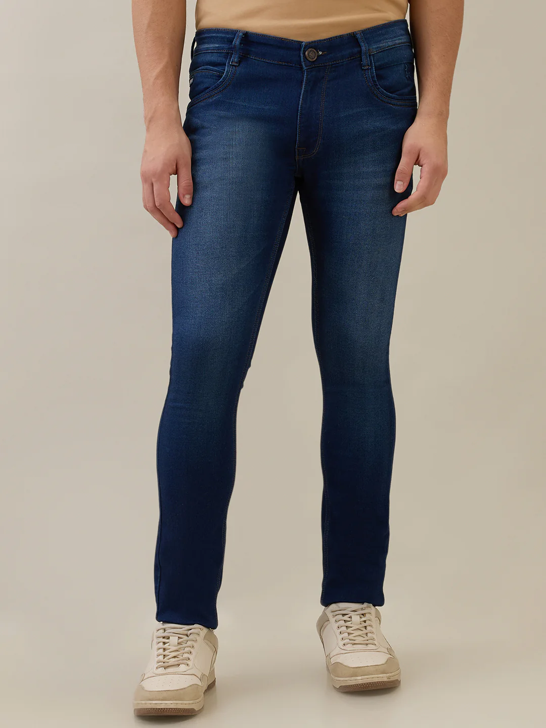Parx Men Blue Knitted Low Rise Skinny Fit Cotton Blend Jeans