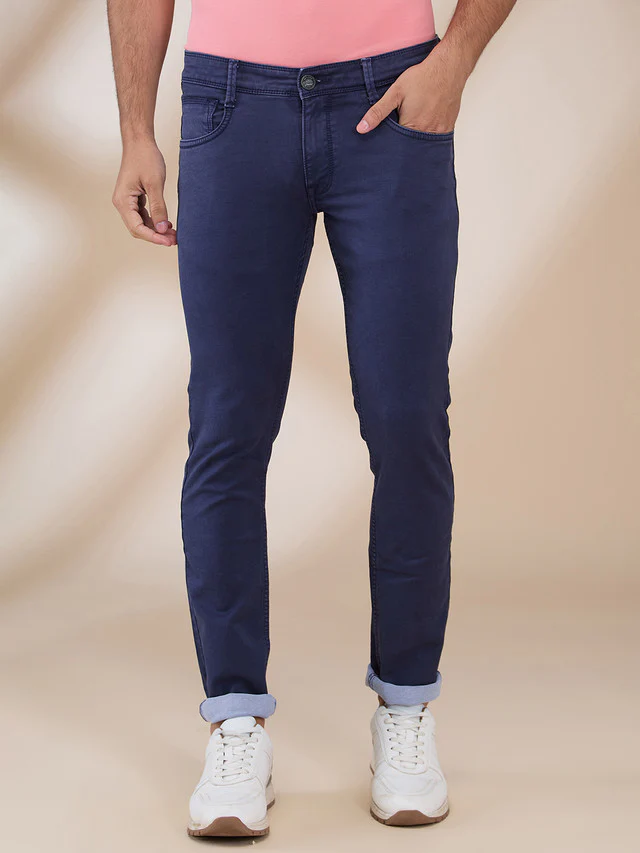 Parx Men Blue Knitted Low Rise Tapered Fit Cotton Blend Jeans