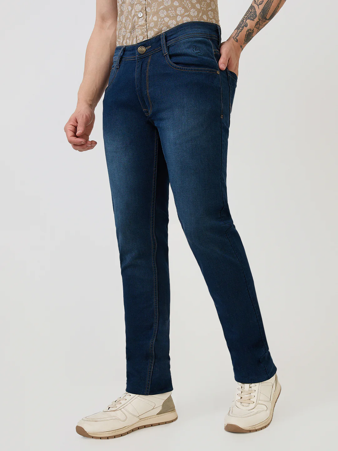 Parx Men Blue Knitted Low Rise Tapered Fit Cotton Blend Jeans - Image 2