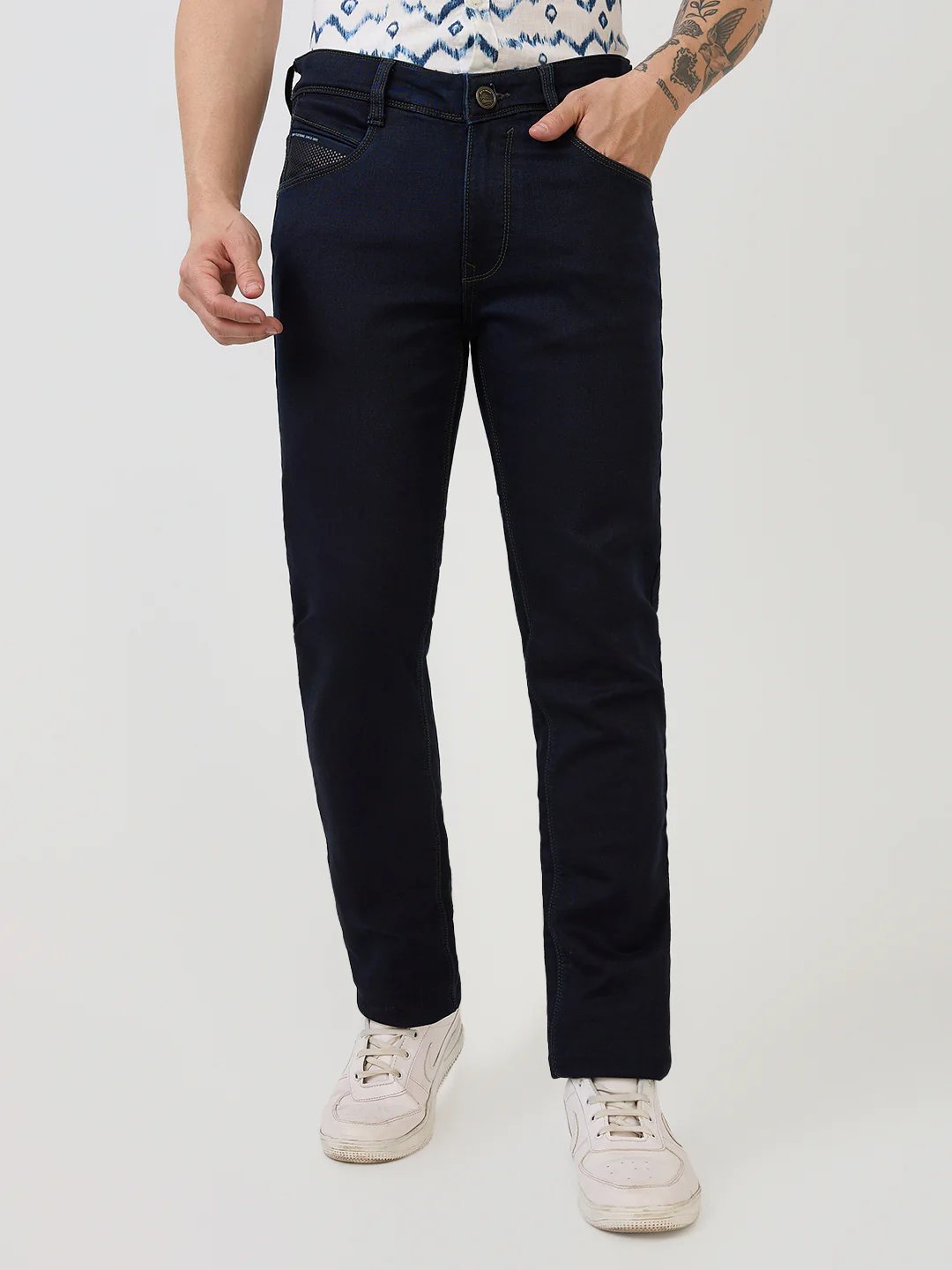Parx Men Blue Knitted Low Rise Tapered Fit Cotton Blend Jeans