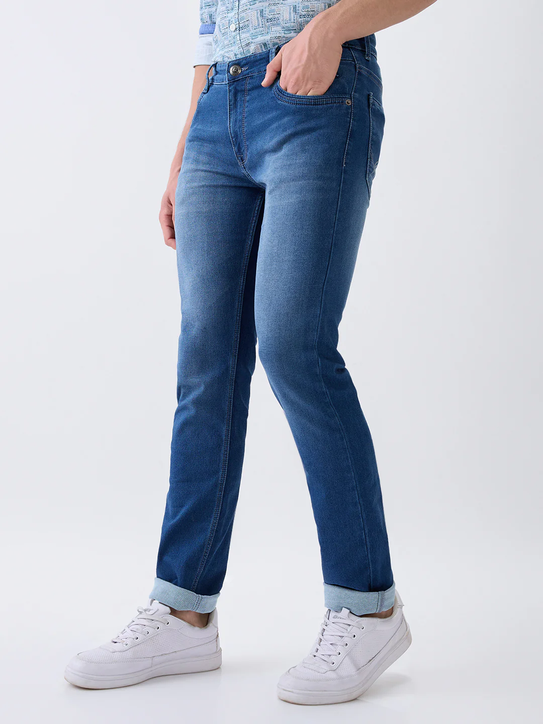 Parx Men Blue Knitted Low Rise Tapered Fit Cotton Blend Jeans - Image 2