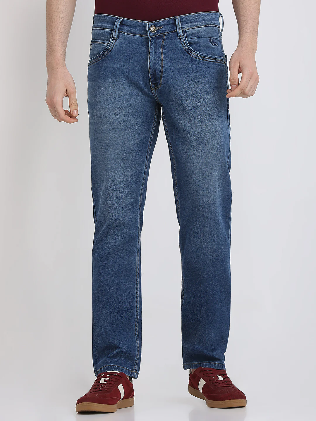 Parx Men Blue Knitted Low Rise Tapered Fit Cotton Blend Jeans