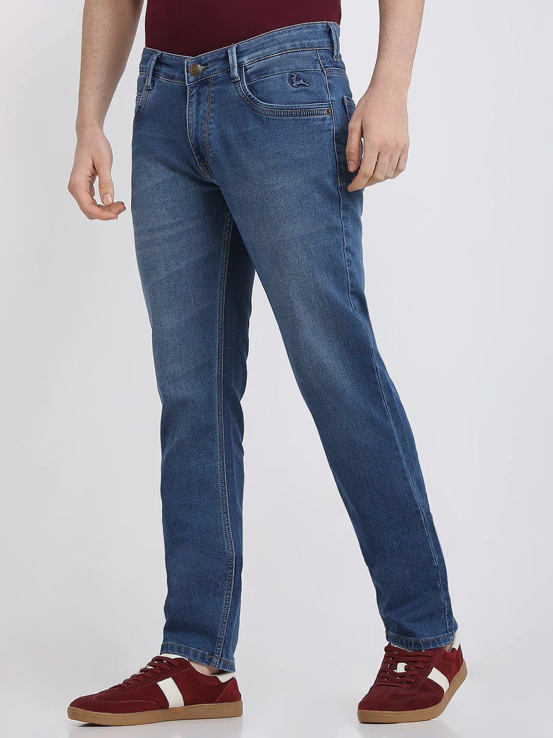 Parx Men Blue Knitted Low Rise Tapered Fit Cotton Blend Jeans - Image 2