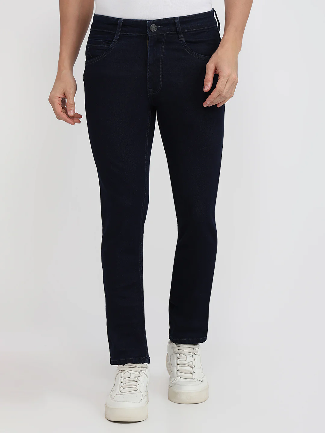 Parx Men Blue Knitted Low Rise Tapered Fit Cotton Blend Jeans