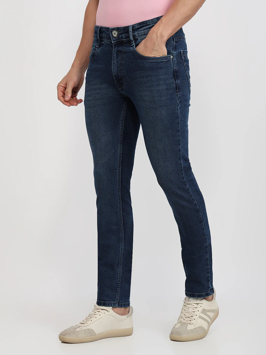 Parx Men Blue Knitted Low Rise Tapered Fit Cotton Blend Jeans - Image 2