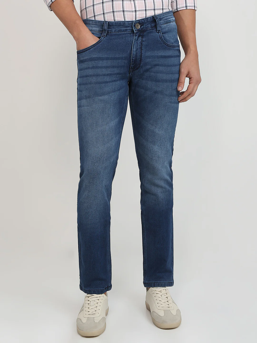 Parx Men Blue Knitted Low Rise Tapered Fit Cotton Blend Jeans