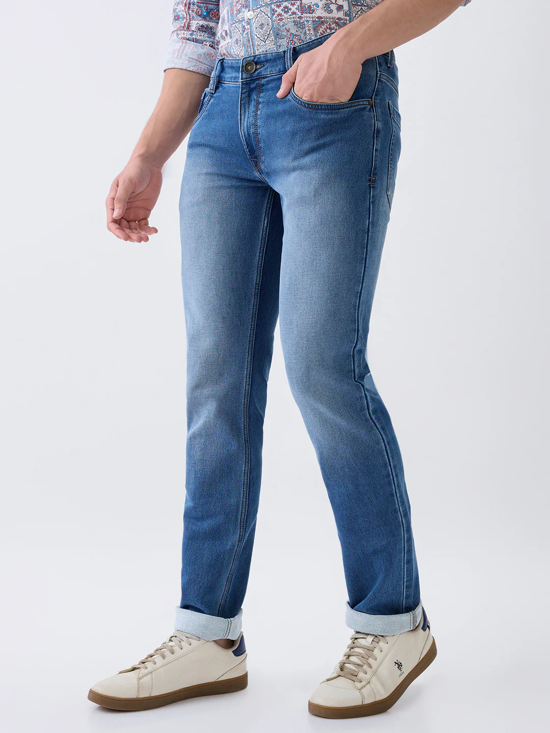 Parx Men Blue Knitted Low Rise Tapered Fit Cotton Blend Jeans - Image 2