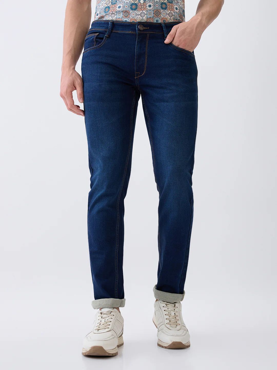 Parx Men Blue Knitted Low Rise Tapered Fit Cotton Blend Jeans