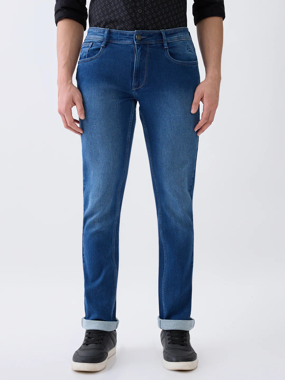 Parx Men Blue Knitted Low Rise Tapered Fit Cotton Blend Jeans