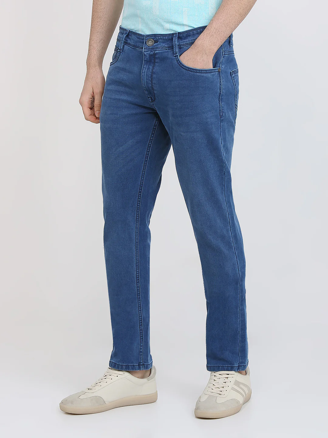 Parx Men Blue Knitted Low Rise Tapered Fit Cotton Blend Jeans - Image 3